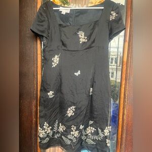 Black Silk Embroidered Midi Dress w Floral Motif Square Neckline EUC Y2K